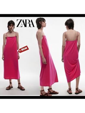 Zara fuchsia pink flowy midi dress Sz L NWT